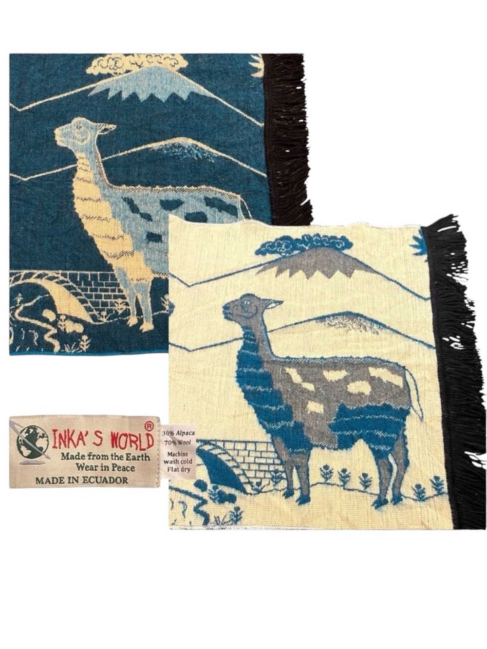 Inka's World (Ecuador) Teal/Cream Alpaca Tapestry Wearable Art Blanket Shawl